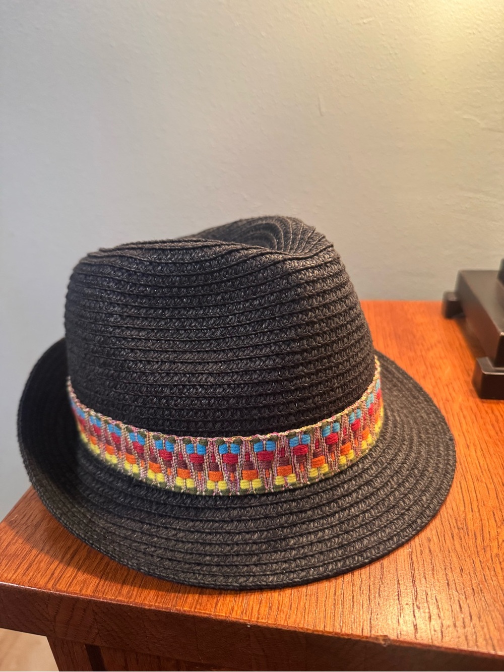 Magid Black Straw Fedora with Colorful Woven Band